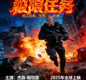 动作电影《极限任务》海报，特工与爆炸场面