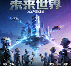 科幻剧《未来世界》海报，高科技城市与机器人